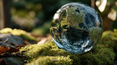 The glass globe, depicting continents with detailed realism, rests on vibrant green moss amidst a tranquil forest. Natural light enhances the enchanting scenery.の素材
