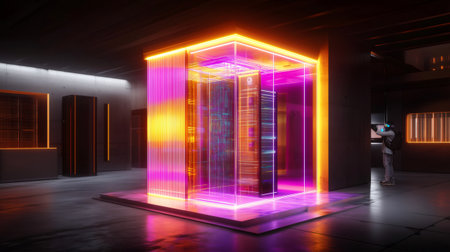 Technician monitoring and controlling futuristic server in data center using augmented reality glasses, concept of digitalization and new technologiesの素材