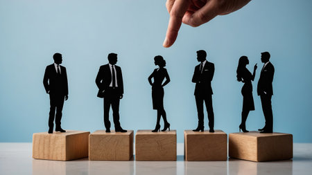 Silhouetted figures in business attire stand on wooden blocks, engaging in a selection process. A hand points at a woman in a dress, illustrating decision-making dynamics in a corporate environment.の素材