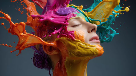 A woman experiences a moment of artistic expression as vibrant colors splatter against her face.の素材