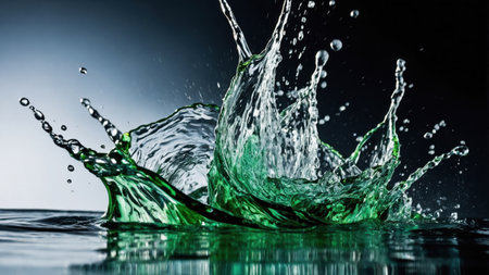 Green water splashing and making beautiful shapes on dark backgroundの素材