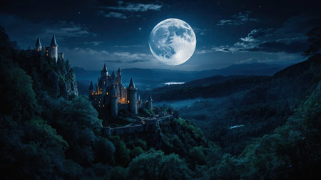 A magnificent castle stands proudly on a rocky hillside, bathed in moonlight, surrounded by lush forests and rolling hills under a sparkling night sky.の素材