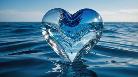 A heart-shaped glass piece glistens as it floats on tranquil blue waves under a clear sky. Sunlight reflects off the surface, creating a serene and romantic atmosphere.の素材