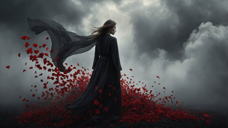 A figure dressed in dark clothing stands with a flowing cape, gazing into the distance as a whirlwind of red petals swirls around against a dramatic cloudy backdrop.の素材