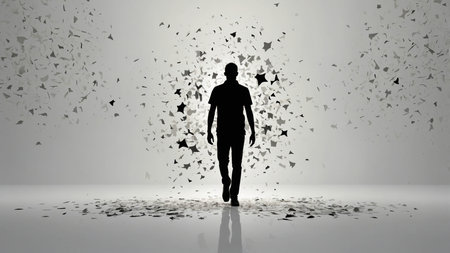 A solitary figure strides confidently through a mesmerizing array of fragmented shapes, enveloped in a captivating interplay of light and shadow, evoking a sense of exploration.の素材