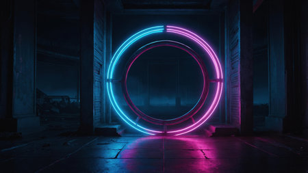 A vibrant circular portal with glowing neon lights in pink and blue stands in a dimly lit space, evoking a sense of mystery and futuristic allure. The surroundings are dark and abandoned.の素材