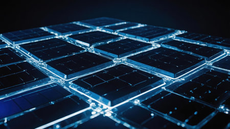 Solar panels are arranged in a grid formation, with a futuristic design that enhances light reflection. This setup illustrates advancements in renewable energy technology.の素材