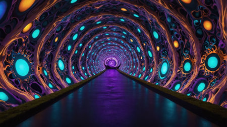 Vibrant, psychedelic tunnel with glowing lights and organic patterns leads to a bright, otherworldly portal, creating a mesmerizing and surreal journeyの素材