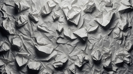 This artwork highlights a surface covered in variously crumpled sheets of paper, creating an intricate array of folds and shadows. The monochromatic tones offer a striking visual impact.の素材