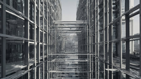 A striking view of interconnected glass and steel buildings creates a dynamic urban landscape in broad daylight. The transparent structures reflect the surrounding environment.の素材