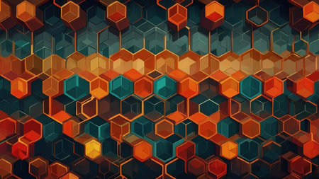 Vibrant arrangement of hexagons and cubes in various colors forms an abstract design. Warm orange and cool teal intersect against a dark background, creating depth and visual interest.の素材