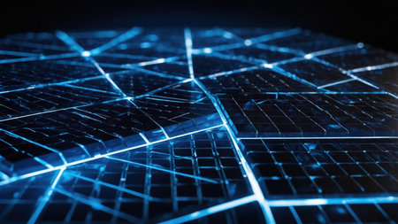 A detailed grid pattern glows with vibrant blue light against a dark background, emphasizing the intricate design and technological aesthetic. The structure appears futuristic and dynamic.の素材