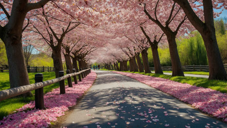 A serene pathway is surrounded by blooming cherry trees with pink flowers. Soft petals cover the ground, creating a picturesque scene of tranquility in spring.の素材