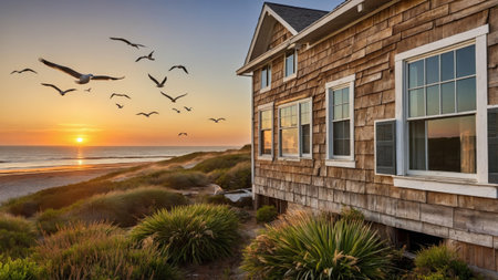 Weathered wood siding defines a cozy coastal home as the sun sets, casting warm hues over the beach. Seagulls soar above, completing the serene atmosphere near the ocean.の素材