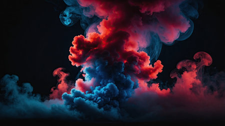 Vibrant clouds of red and blue smoke swirl together in captivating forms, filling the dark environment with a mysterious and artistic atmosphere at an evening event.の素材