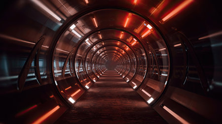 A futuristic tunnel stretches into the distance, illuminated by vibrant red and orange lights. The sleek design and glowing accents create a captivating atmosphere, suggesting adventure and mystery.の素材