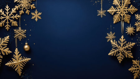 Christmas background with golden snowflakes and christmas ball hanging on a dark blue backdrop with copy spaceの素材