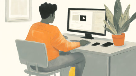 Digital illustration of a programmer working from home watching an online course tutorialの素材