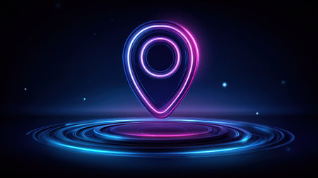 A bright neon location pin appears centered against a dark backdrop, radiating vibrant pink and blue hues. Surrounding the pin, ripples of light create a dynamic, tech-inspired atmosphere.の素材