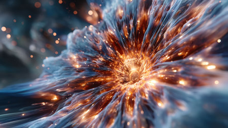 A mesmerizing cosmic explosion showcases vibrant colors and swirling gaseous forms. Bright particles emerge, creating a vivid display of energy and brilliance in the universe.の素材