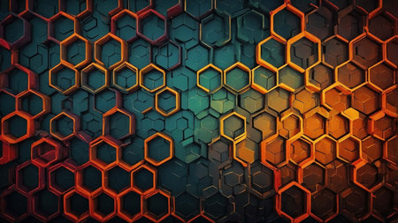 Colorful hexagons in shades of orange, teal, and dark blue form an eye-catching abstract design showcasing geometric patterns and depth.の素材