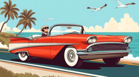 Cartoon illustration of red convertible car driving along tropical coast with woman at the wheelの素材