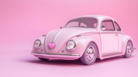 Pink vintage car with heart shaped headlights parked on a pink background, a romantic and lovely imageの素材