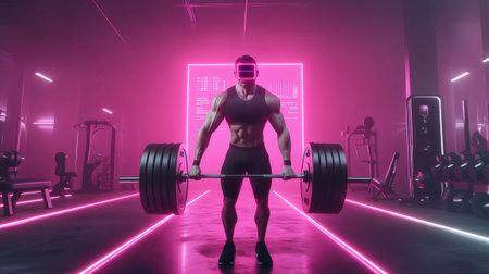 Bodybuilder training with barbell and vr headset in a high tech gym with pink neon lightsの素材
