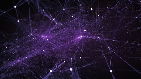 This digital artwork features a vibrant purple network of lines and nodes, illustrating complex connections against a dark background.の素材