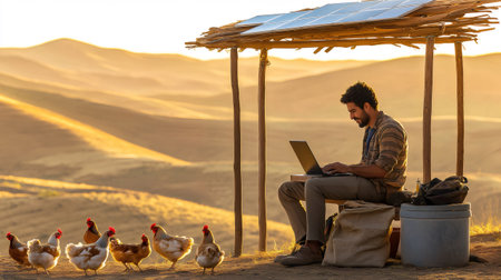 Young farmer using laptop powered by solar panel in a sustainable co living retreat in the countryside with chickens at sunsetの素材