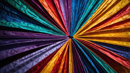 Vibrant paper fans arranged in a radial pattern fill the space with color, showcasing vivid shades that captivate the senses during a lively cultural festival.の素材