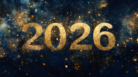 Golden glitter 2026 text celebrating new year with fireworks exploding on a dark blue backgroundの素材