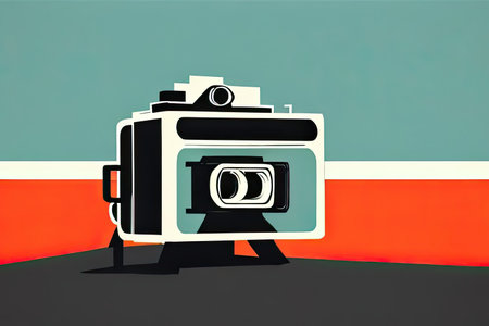 A vintage-style camera stands prominently in a modern setting, featuring clean lines and distinct geometric shapes. The bold color palette of teal, orange, and white highlights the focus on photography as an art form.の素材