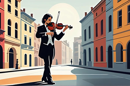 A skilled violinist dressed in a tuxedo captivates an empty street in a vibrant city at sunset. The buildings feature warm colors, and the sun casts a golden hue, creating a serene and artistic atmosphere perfect for a musical performance.の素材