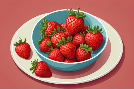 A vibrant blue bowl filled with ripe, fresh strawberries sits on a cream-colored plate. The strawberries are plump and juicy, showcasing their bright red color.の素材