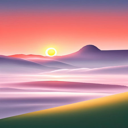 A breathtaking sunrise paints the sky in vibrant hues, illuminating gentle hills and valleys shrouded in mist. The warm glow of the sun breaks through the morning fog, creating a serene atmosphere and inviting tranquility in nature's embrace.の素材
