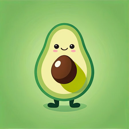 A cheerful cartoon avocado character stands with arms and a joyful expression. The background is a soft light green, enhancing the playful mood of the design.の素材