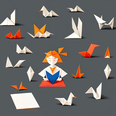 A variety of intricate origami pieces are displayed amidst a backdrop of grey, with a central figure engaging in the art of paper folding. The colorful creations showcase vivid reds and oranges, highlighting the skill and creativity involved.の素材
