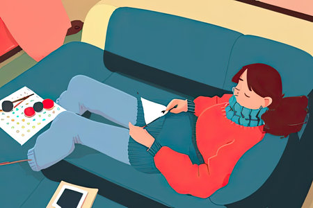 A girl lounges comfortably on a sofa, focused on sketching with a pencil. She wears a warm sweater and relaxed jeans, surrounded by a cozy living room setting filled with vibrant colors.の素材
