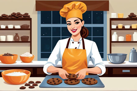 A cheerful baker prepares chocolate chip cookies in a warm kitchen setting. The baker wears a chef's hat and apron, skillfully shaping dough on a tray.の素材