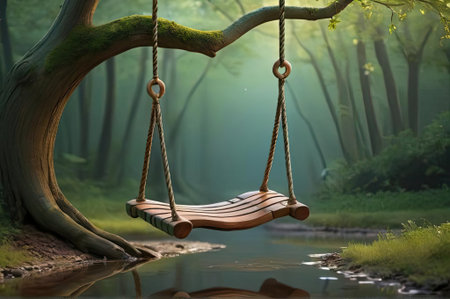A beautifully crafted wooden swing dangles from a sturdy tree branch, suspended above a calm stream. Sunlight filters through the lush greenery, illuminating the peaceful forest setting at dawn, creating a perfect spot for relaxation.の素材