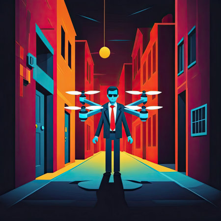A figure dressed in a suit and sunglasses stands confidently in a narrow alley surrounded by buildings. Multiple drones hover nearby, creating a futuristic atmosphere at night.の素材