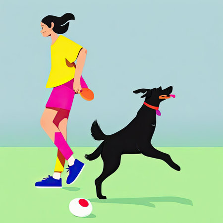 A woman in a colorful outfit runs joyfully with her black dog in a lively outdoor scene. The dog happily trots alongside her, showcasing their strong bond while a ball lies on the grass, hinting at playful activities.の素材