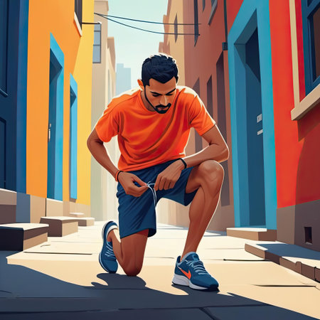 A young man crouches in a vibrant alley, tying his shoelaces. The bright buildings around him create a lively atmosphere as he prepares for his run in the city.の素材