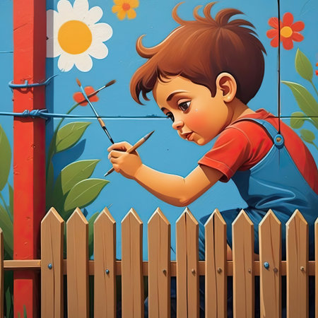 A young boy sits on a wooden fence, focused on painting a colorful mural featuring flowers and greenery. His creative energy adds vibrancy to the outdoor environment.の素材