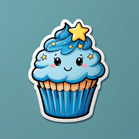 A delightful cartoon cupcake featuring a soft blue frosting adorned with tiny stars sits against a gentle colored backdrop. The cupcake has a cheerful expression, adding charm.の素材
