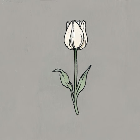 A single white tulip stands gracefully against a muted gray background. The petals are softly curved, showcasing subtle details. Its green stem and leaves provide a fresh contrast, highlighting the elegance and simplicity of nature's design.の素材