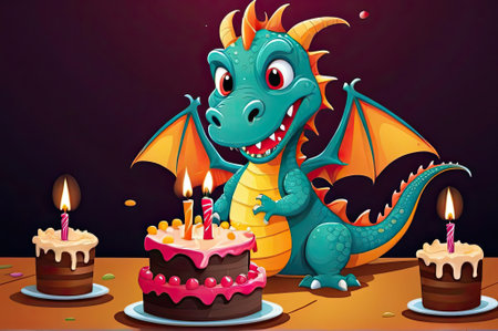 A cheerful cartoon dragon is surrounded by vibrant birthday cakes adorned with candles, joyfully celebrating a festive occasion.の素材