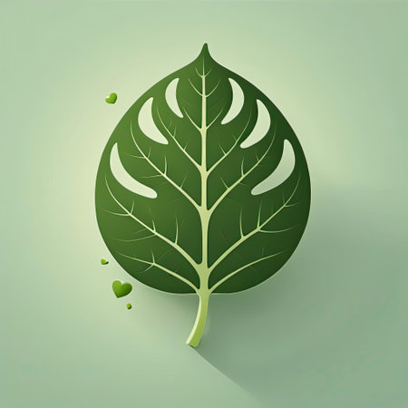 Bright green leaf features intricate vein patterns and small heart shapes, symbolizing love for nature. The design is minimalistic against a soft backdrop, evoking tranquility and harmony.の素材
