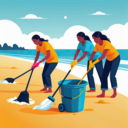 Individuals gather along the shoreline to remove litter and debris, promoting environmental conservation and community involvement. The sunny day highlights their commitment to preserving nature.の素材